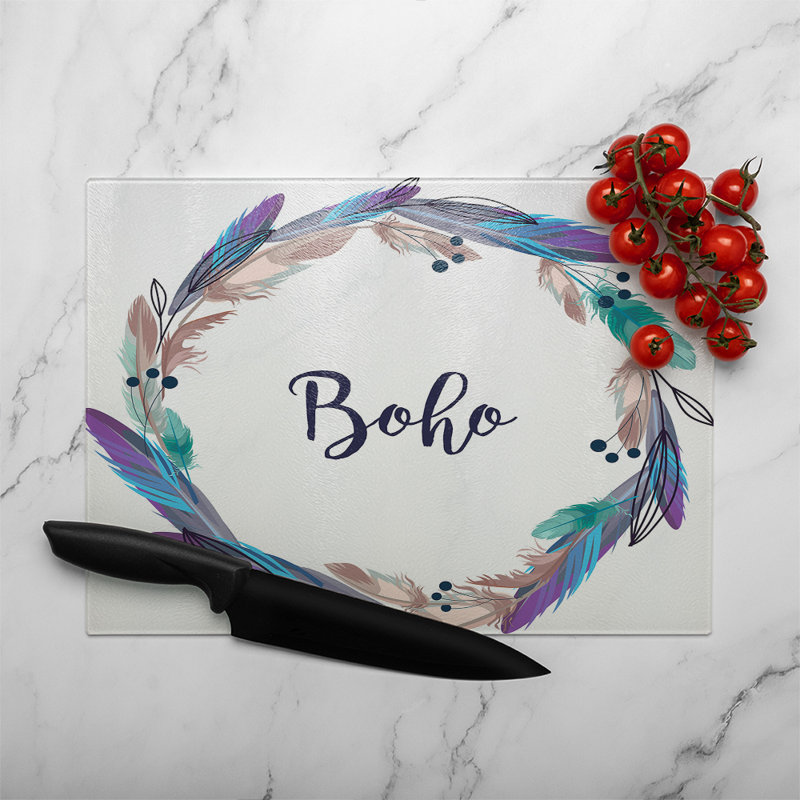Boho Style Wreath Feathers Glass Chopping Board, 28cm L x 20cm W
