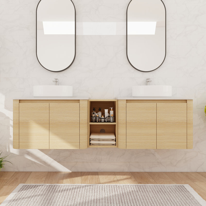 Meuble-lavabo double 72 po avec lavabo en céramique et meuble-lavabo mural 72 po, Beige, 71"