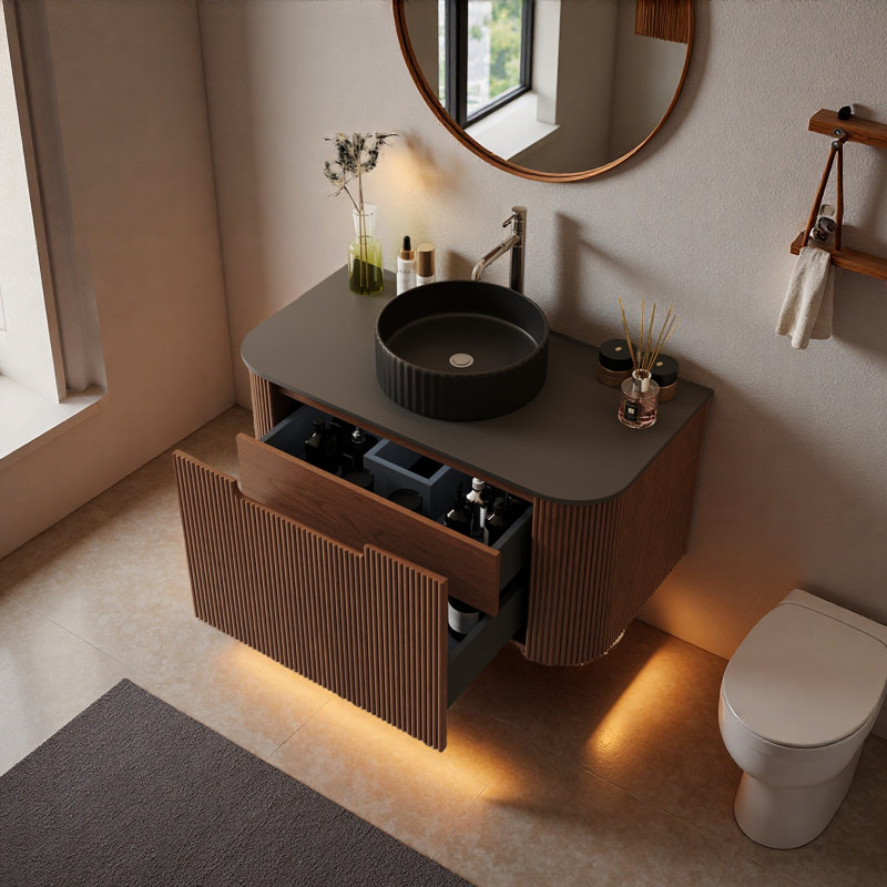 Meuble-lavabo mural moderne 36 po avec lavabo vasque noir, armoire en bois nervuré avec comptoir noir mat - conception d'inspiration Mid-Century pour les petits espaces
