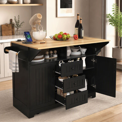Grand îlot de cuisine 55,7 po avec 2 abattants K&K, chariot de cuisine sur roulettes à 5 roulettes avec prise de courant, table de salle à manger pliante avec porte-épices et porte-serviettes, 3 tiroirs, pour la cuisine, la salle à manger,