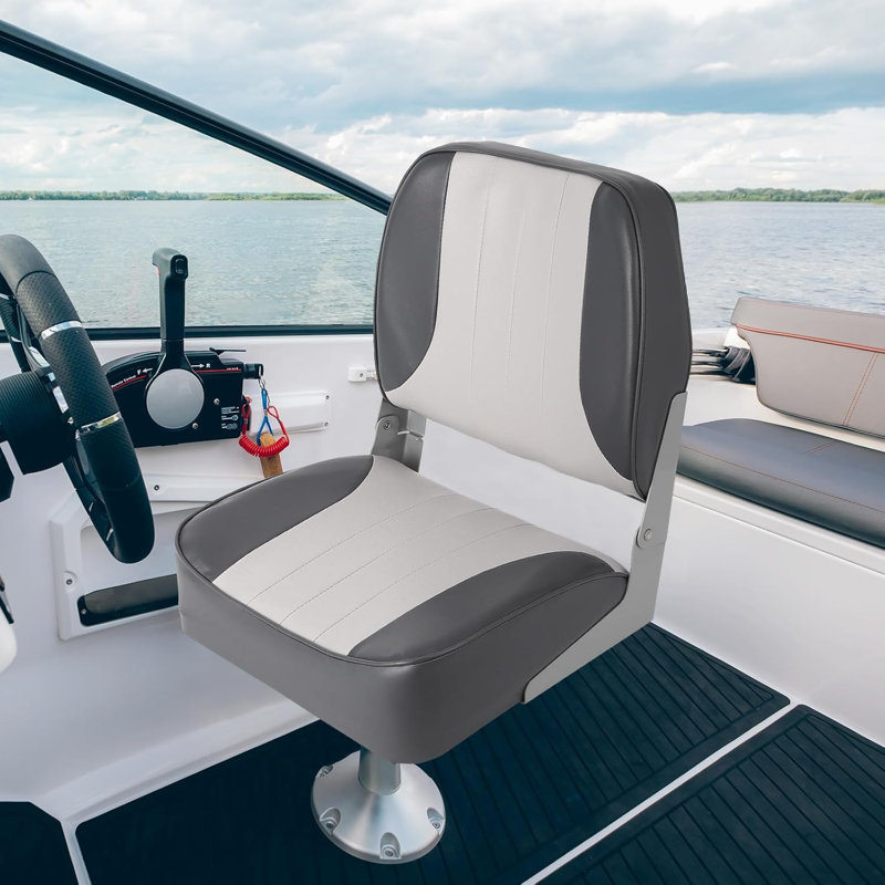 2 Pack Low-Back Light Gray and Gray Color Blocking Folding Boat Seats Thickened Sponge Padded Captain Chairs with Molded Plastic Frame Weather-Resistant for Fishing Boats Cruises