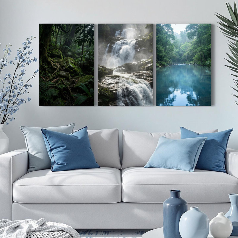 Ensemble de 3 tableaux sur toile représentant un paysage de forêt et de cascade tropicale, H 24 po x l 48 po