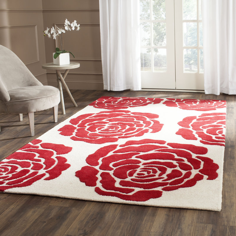 Tapis ivoire / rouge en laine touffeté à la main Cannen, Rectangle de 5 pi x 8 pi