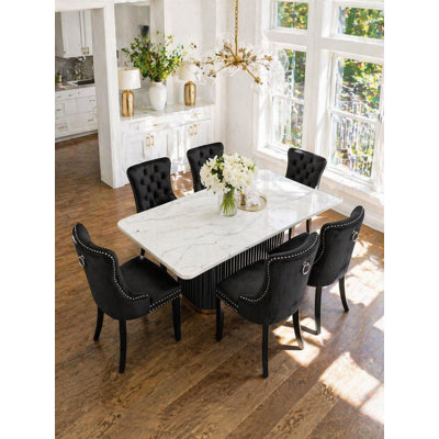 Dore Rectangular Dining Table Set For 6, Modern Luxury Kitchen Dining Room Furniture With Sturdy Pedestal Base & Upholstered Velvet Chairs For Family