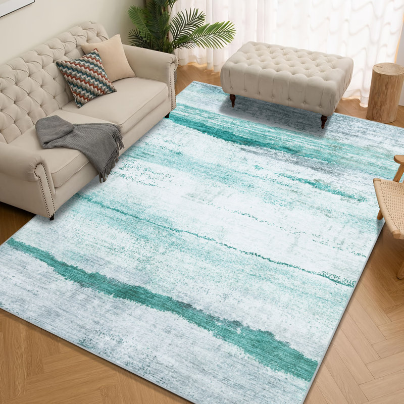Modern Abstract Machine Washable Gray/White/Green Area Rug, Rectangle 5' x 7'