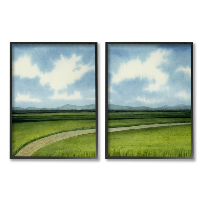 «Country Cloudy Countryside Green Fields Design» par Grace Popp - ensemble de 2 peintures, Giclée encadrée noir minuit