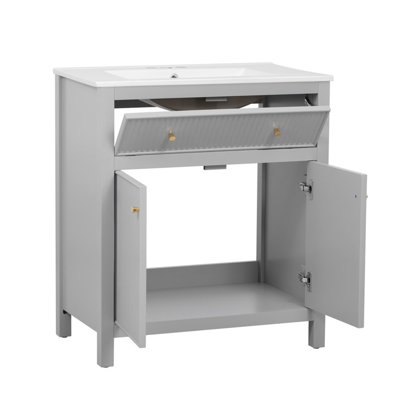 Ensemble de meuble-lavabo simple 60 po avec lavabo en céramique (séparé), ensemble de meuble-lavabo simple autoportant avec portes à fermeture douce, style moderne, gris