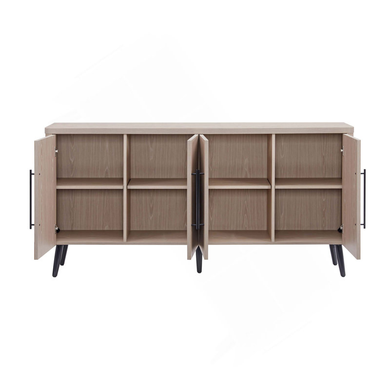 Jodie 65" Mid-Century Modern Sideboard with 8 Adjustable Shelves in Whitewashed Oak, White Washed Oak