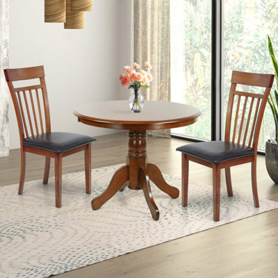 3 Piece Dining Table Set, 2 Classic Style Solid Wood Warm Chairs with Pedestal Round Dining Table, Kitchen Room Set, w PU Leather Cushions by Charlton Home