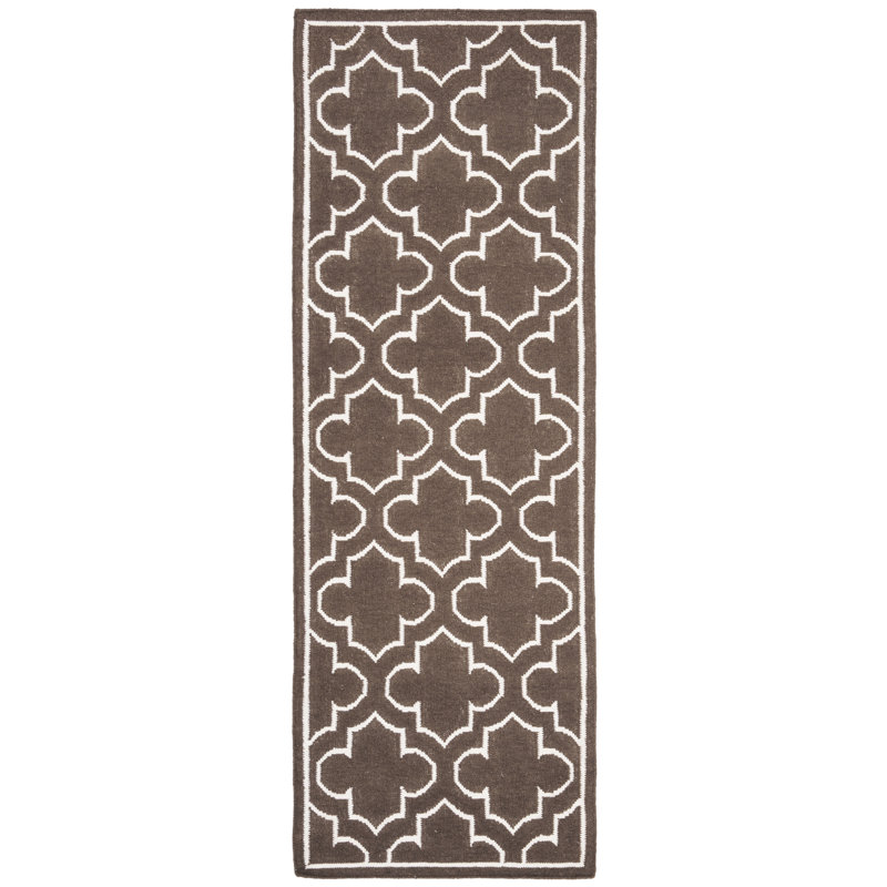 Rodgers Hand Woven Flat Weave Banana Silk/Wool/Cotton Geometric Rug in Brown, Runner 2'6" x 7'