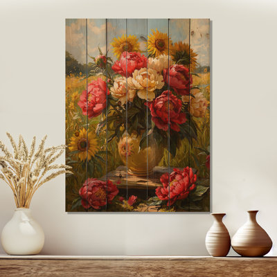 Pivoines par le champ de tournesols I - Décoration murale en bois de pivoines - sur bois de pin naturel
