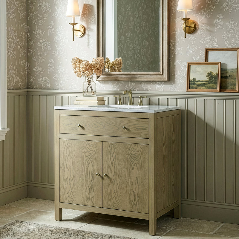 Meuble-lavabo en marbre brun clair clair Celine, Chêne clair