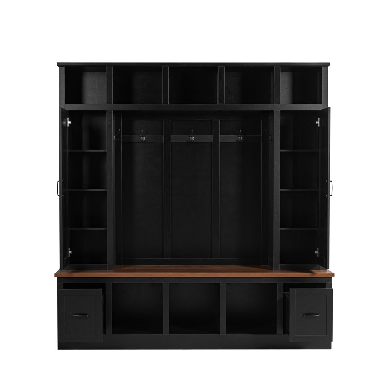 Hearthwood 72" Hall Tree with Bench and Shoe Storage, Coat Rack and 8 Open Cubbies, Black