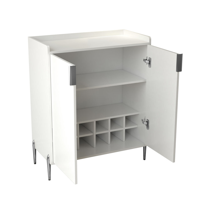 Bar à vin de salon avec support, charnières à fermeture douce et comptoir spacieux, tablette ajustable blanche à 2 portes, dispositif de basculement,