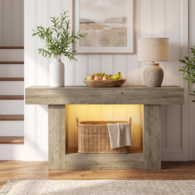 Table d'entrée de 140 cm avec station de recharge et éclairage DEL, table console étroite pour couloir ou salon, style ferme moderne avec tablette de rangement, grise