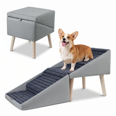 Pet Stairs with Foldable Ottoman Design and Solid Wood Frame, 2-in-1 Non-Slip Surface Dog Ramp for Bed, Sofa, Couch, Easy Assembly