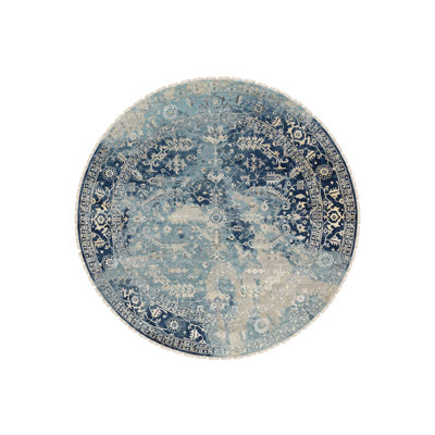 Tapis oriental rond en laine et en soie bleu noué à la main 11 pi 10 po x 11 pi 10 po - MOA10263893
