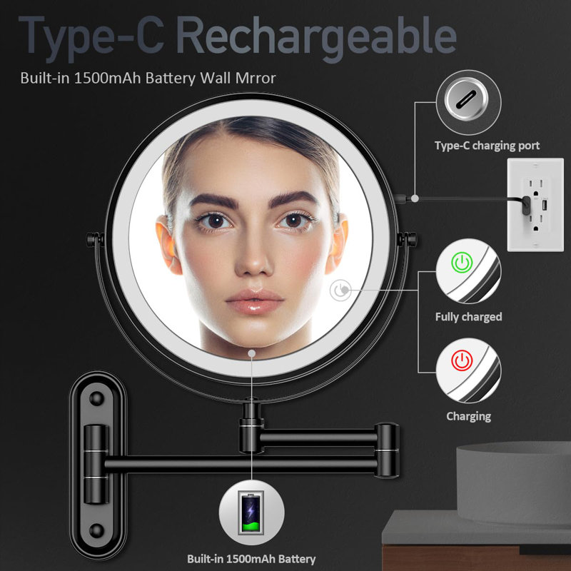 Rechargeable Lighted Wall Mounted Makeup Mirror With 3 Colour Lights,Dimmable Touch Screen,8 Inch LED Double Sided 1X/10X Magnifying 360°Flexible 13 Inch Retractable
