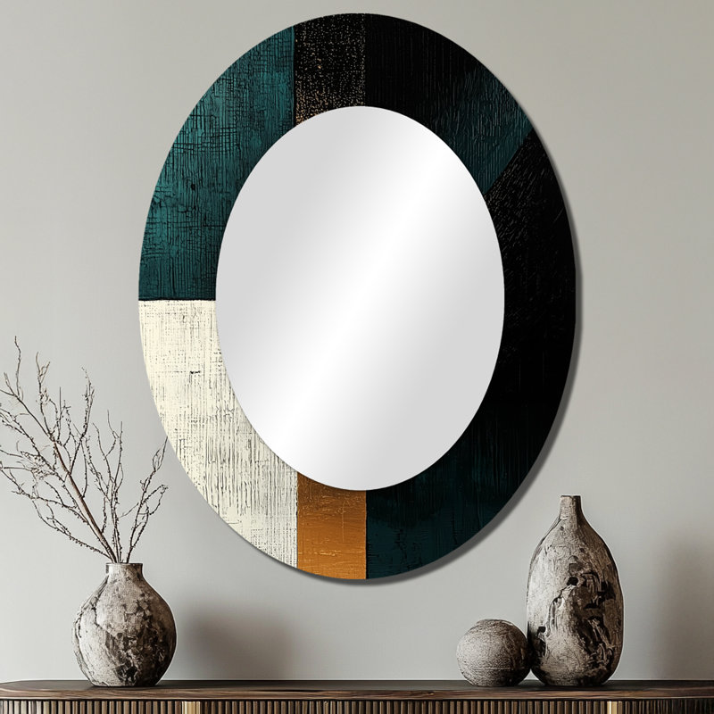 Miroir mural ovale abstrait géométrique abstrait émeraude et or II, 40 po x 30 po