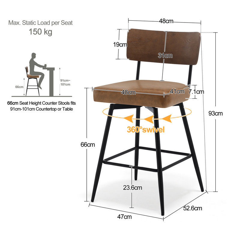 Swivel Upholstered Counter Stool with Metal Frame, Brown