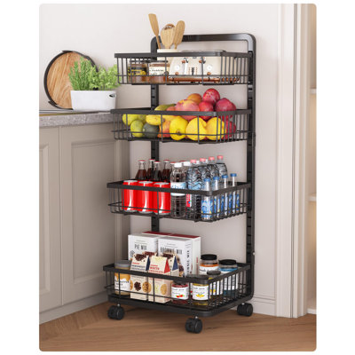 4-Tier Kitchen Storage Cart, Metal Snack Cart ,Adjustable Fruit Basket On Wheels Stand Baskets by Rebrilliant