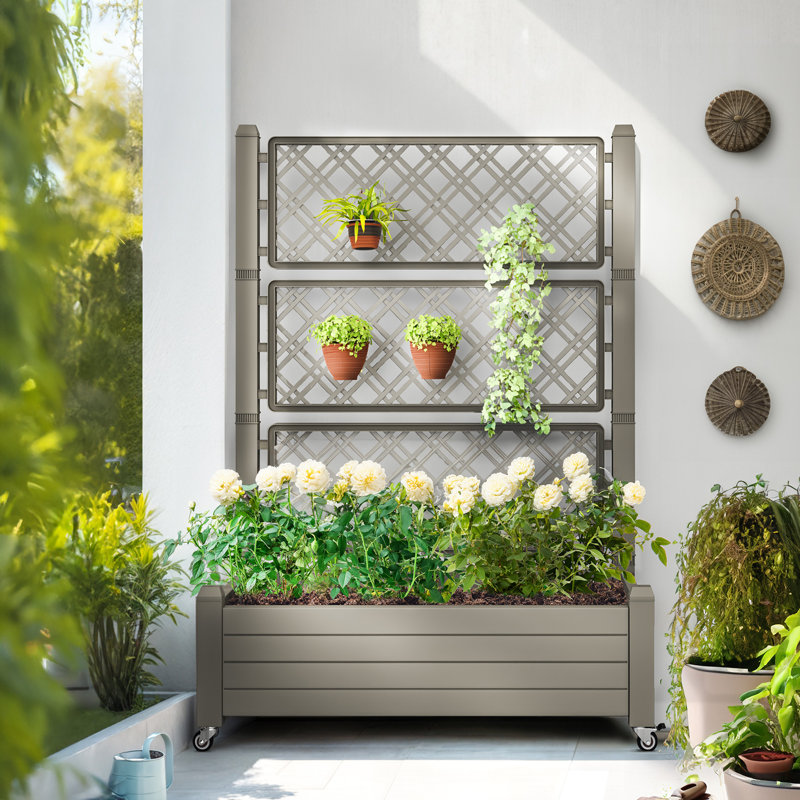 Resin Raised Garden Bed with Trellis, Light Brown