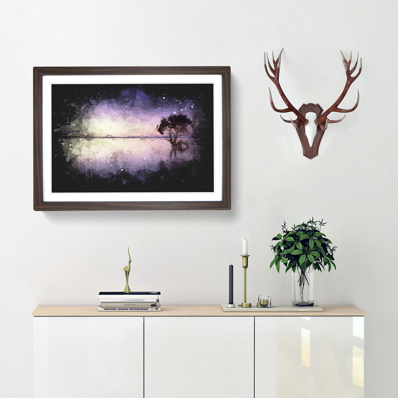 Tree Alone During a Purple Sunset - Picture Frame Graphic Art Print, 24cm H x 33cm W x 2cm D, Walnut Framed