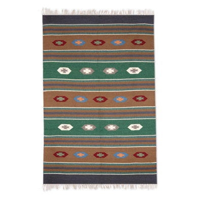 Tapis vert laine kilim sud-ouest fait main Yuliana
