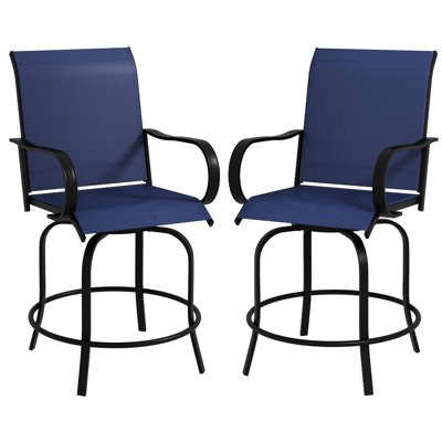 2Pcs Outdoor Bar Chairs With , 360 Swivel, High Mesh, Steel Frame For Patio, Balcony, Poolside, Backyard, Navy Blue Swivel Height Mesh Fabric Seating, Navy-Blue