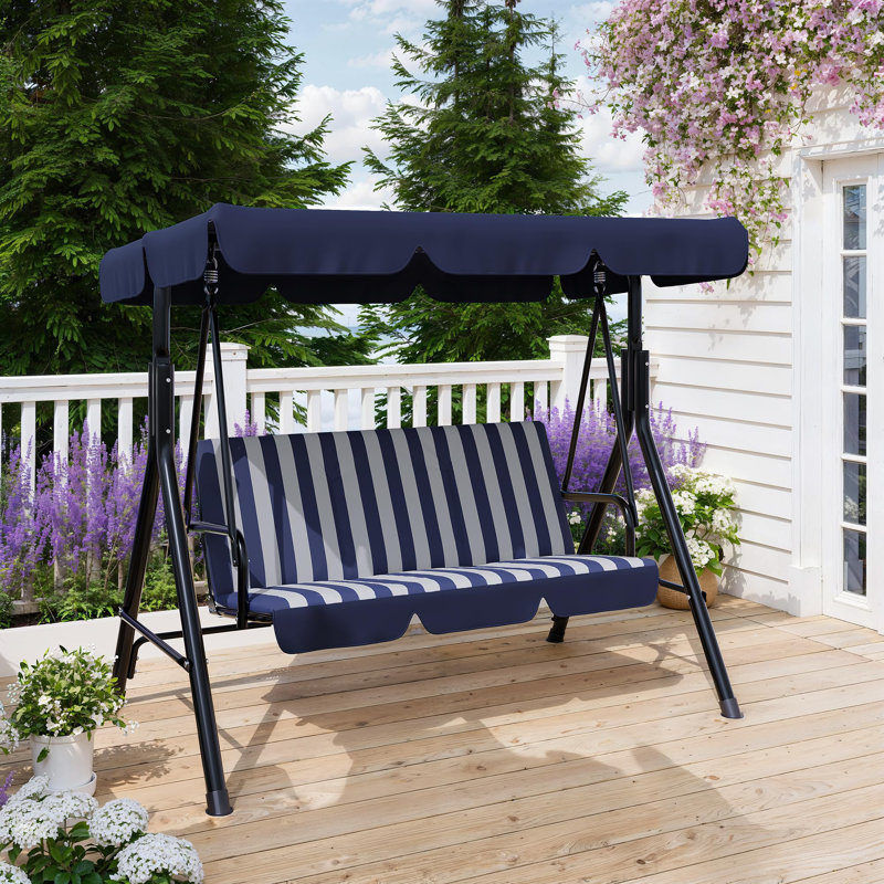 Balancelle de patio 3 places avec support, auvent réglable et coussins épais et imperméables, Blue-ZY
