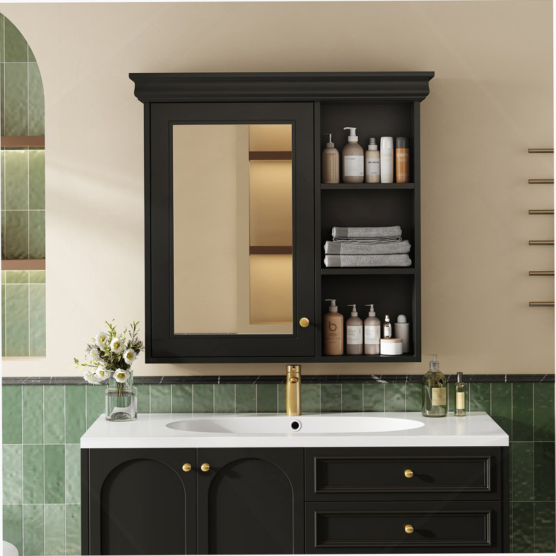30'' x 28'' Bathroom Medicine Cabinet with Mirror, Wall Mounted Mirror Cabinet with Storage Organizer, Over the Toilet Storage Black Storage Cabinet for Bathroom