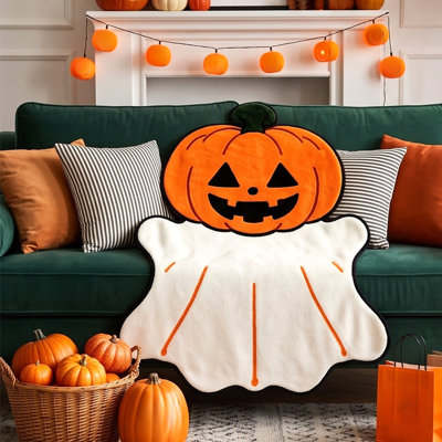 Couverture décorative d'Halloween en forme de citrouille et de fantôme - Motif original et irrégulier, doux et confortable, idéal pour canapé, lit ou décoration d'Halloween.