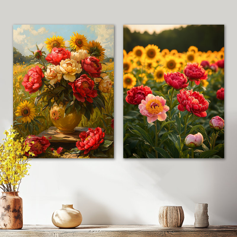 Pivoines par le champ de tournesols I - Ensemble de 2 impressions murales pivoines blanches en métal, 32" H x 48" W