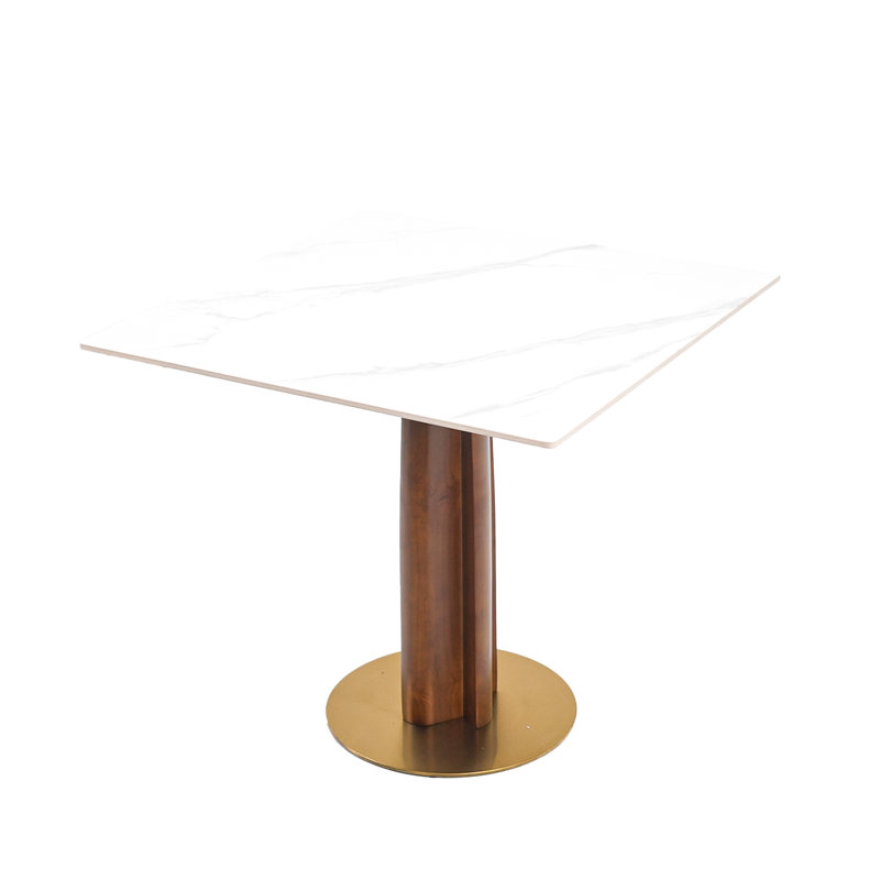 Table moderne en pierre frittée de 33,5 po avec pieds en bois et base dorée, parfaite pour des rassemblements de café pour 2 personnes dans de petits coins carrés, capacité de poids élevée, grandes salles à manger minimalistes