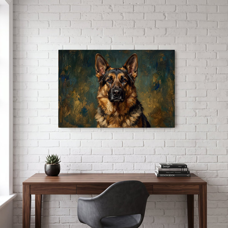 Portrait d'un berger allemand sur toile multicolore, reproduction historique picturale pour salon, bureau ou pièce à vivre