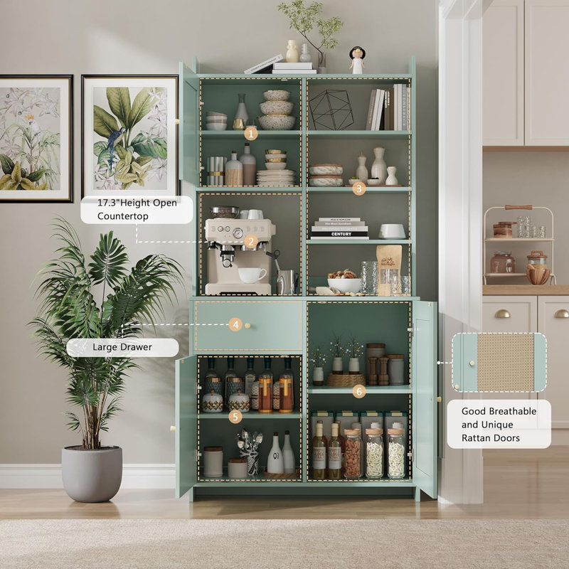 71" Tall Kitchen Pantry Cabinet with Microwave Stand, 3 Adjustable Shelves, Drawer & Rattan Doors, Green, Green