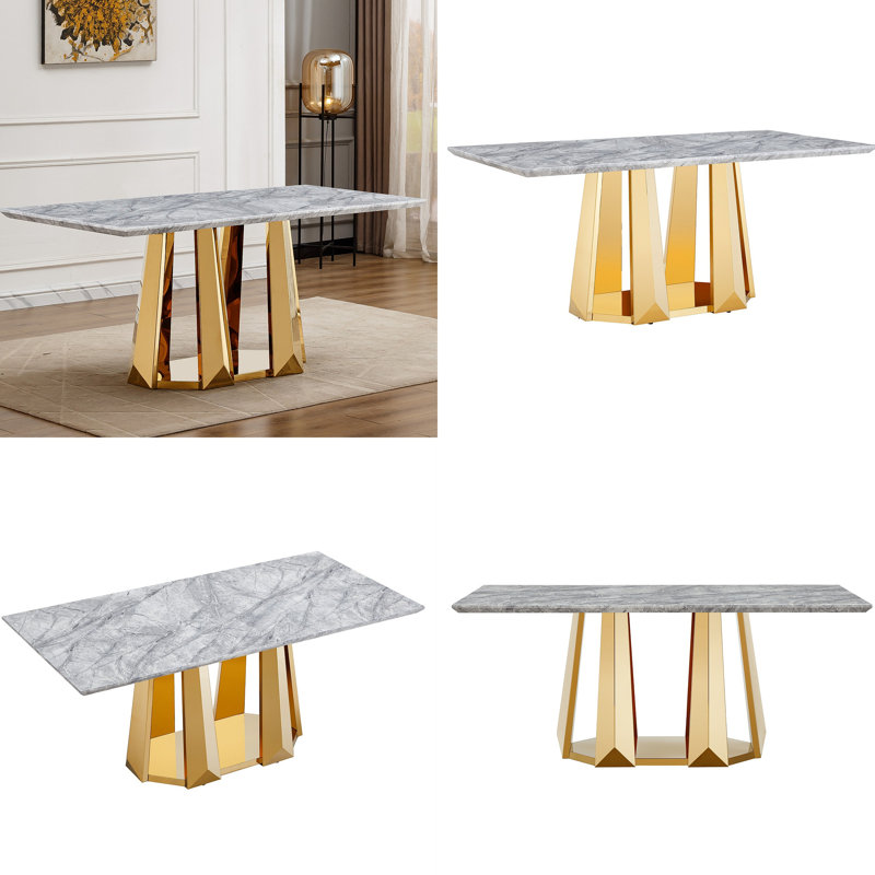 Table de salle à manger en marbre pour 6 personnes, table de salle à manger rectangulaire en faux marbre avec base en acier inoxydable à finition miroir, table de cuisine moderne en marbre de grande taille (table seulement)