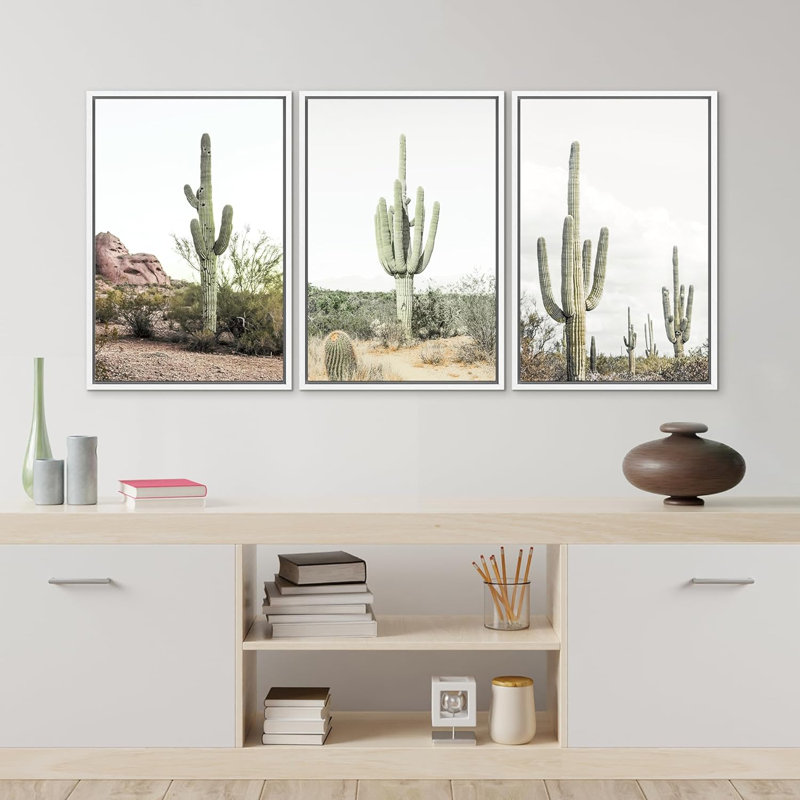 Cactus désert "Southwestern Green Saguaro, Cadre flottant blanc, H 24 po x l 48 po