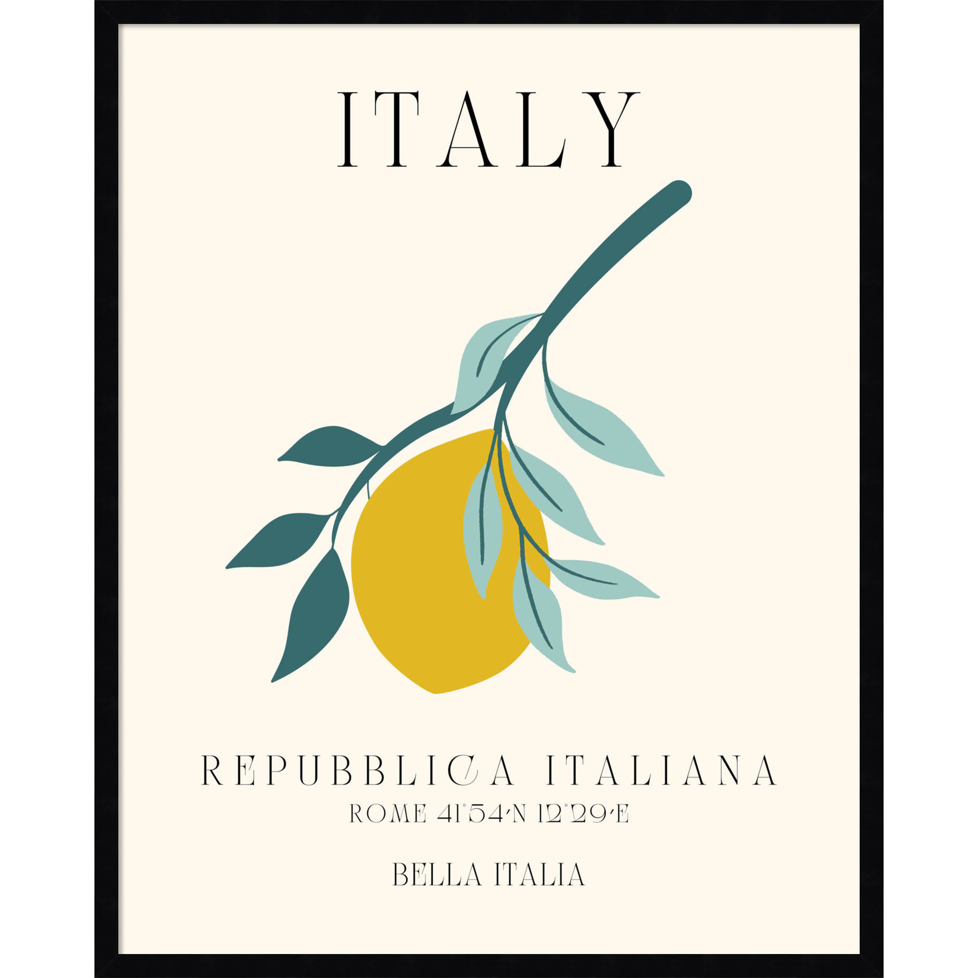 Italy Travel Poster Bella Italia by Chayan Lewis, 27" W x 33" H x 1" D, Black Framed