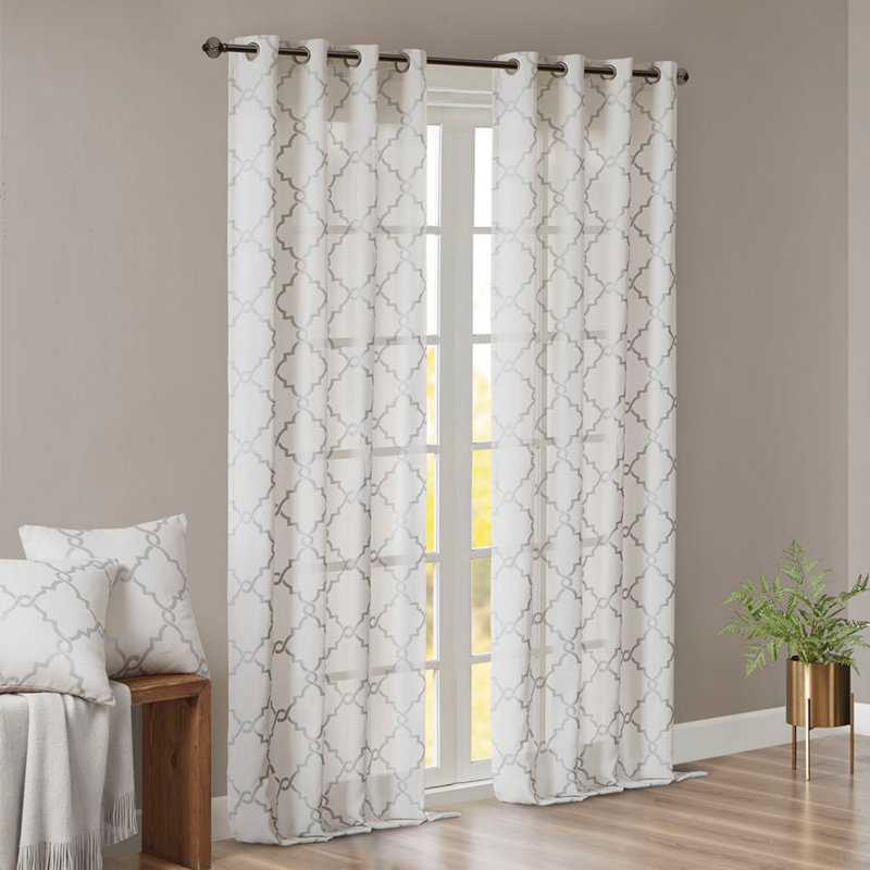 Fretwork Print Grommet Top Window Curtain Panel(Only 1 Pc Panel), Gray, 50" W x 108" L