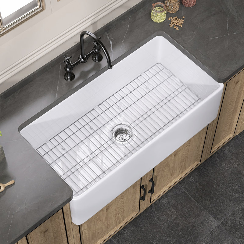 Aqua Fireclay Small White Farmhouse Sink Apron Front Farm Sink Single Bowl Kitchen Sink with Accessory Kit