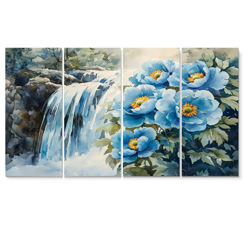 Pivoines par la cascade V - par Wall Art - art mural traditionnel sur toile, 4, H 32 po x l 64 po
