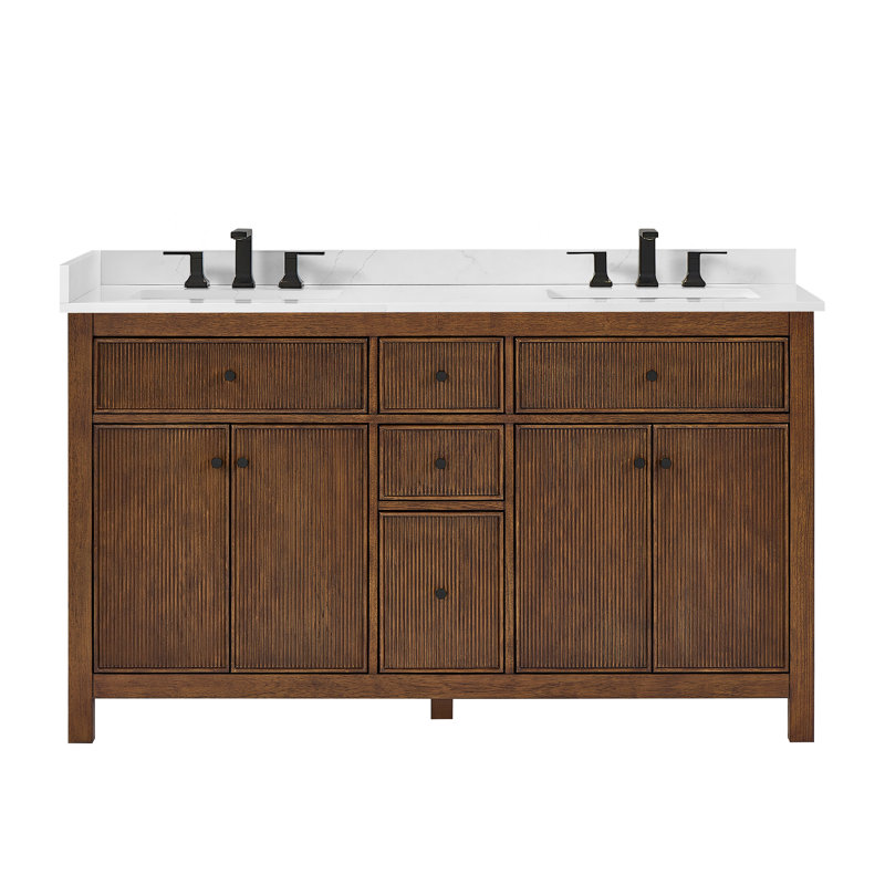 Pendry 60" Freestanding Double Bathroom Vanity with Top, Dark Walnut, Matte Black, Giotto Quartz