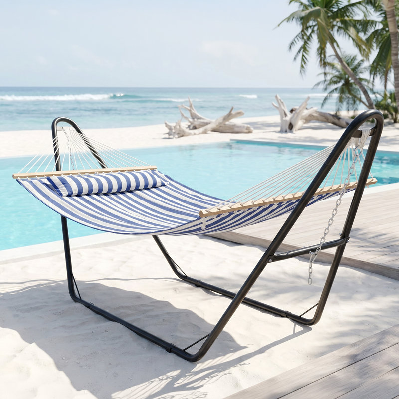 Hamac double en tissu matelassé pour 2 personnes avec coussin - rayures bleues et blanches - avec support, Blanc / Bleu