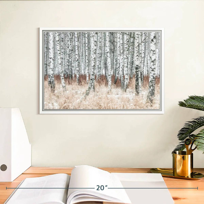 Hiver, forêt de bouleaux, Cadre flottant blanc, 13 po x 9 po
