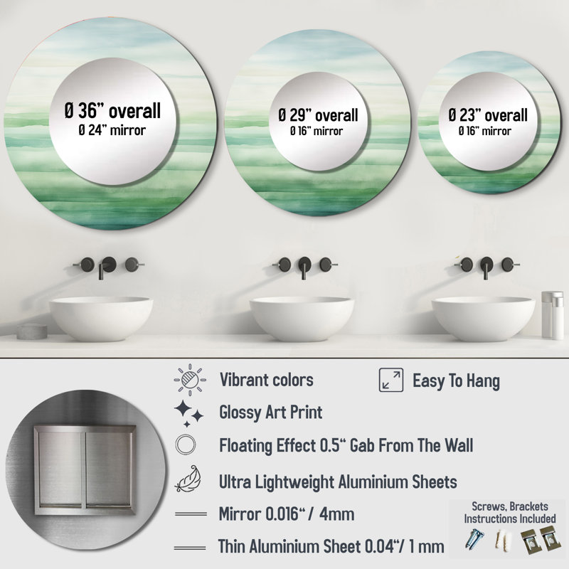 Santars Minimalism Harmonic Horizon Landscape III - Minimalism Decorative Wall Mirror, Green Large Round Mirror, Printed Metal Art