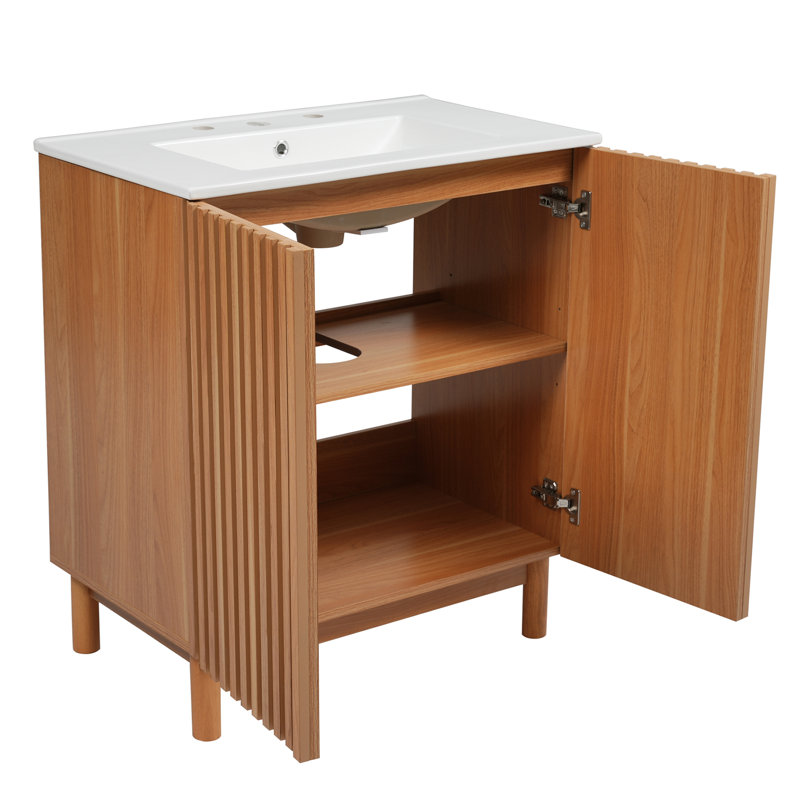 Meuble-lavabo transitionnel Woodgrain avec lavabo en céramique, pieds en bois massif et portes à fermeture en douceur, 29.9