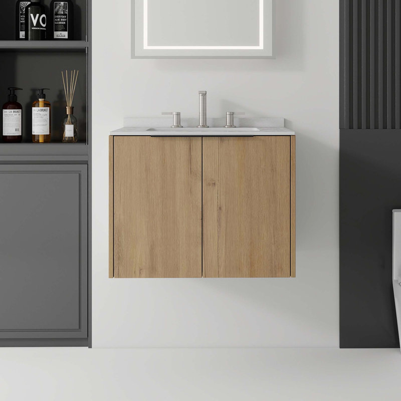 Wall Mounted Single Vanity Bathroom Vanity With Cultured Marble Top, Oak