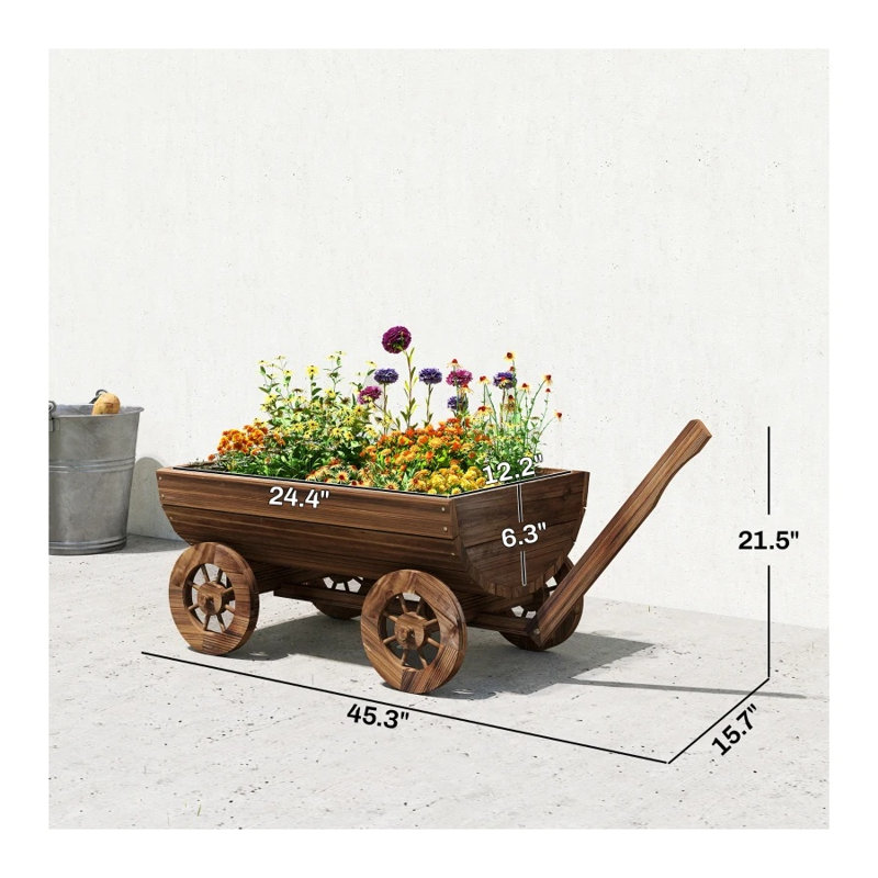 Chariot de jardin en bois avec brouette en bois avec finition carbonisée, bois de sapin, trou de drainage (L 45,3 po)