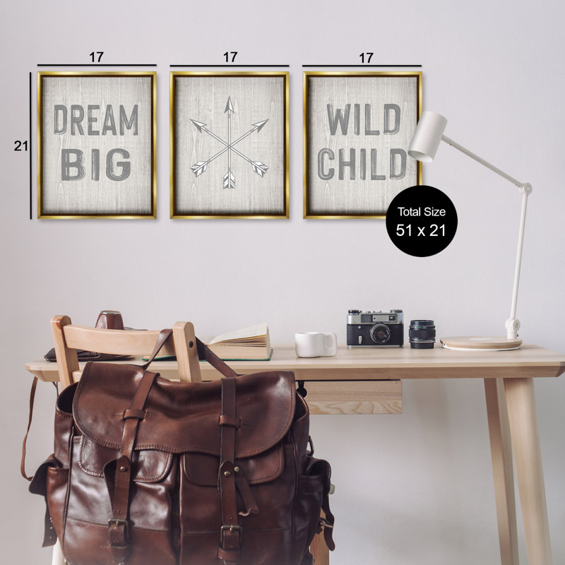  Ensemble de 3 flotteurs Dream Big Boho Arrows encadrés par Ashley Calhoun, H 21 po x l 17 po, Cadre flottant métallique doré